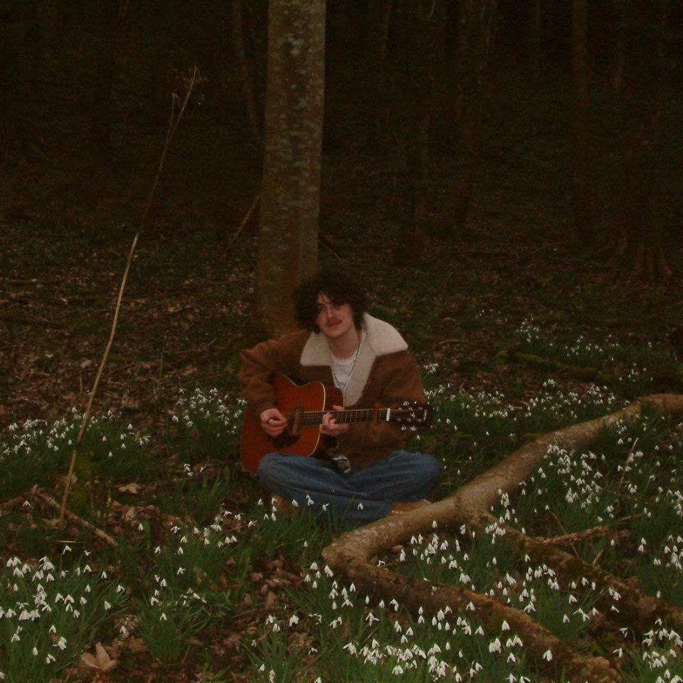 Harry Huxley playing guitar in the woods